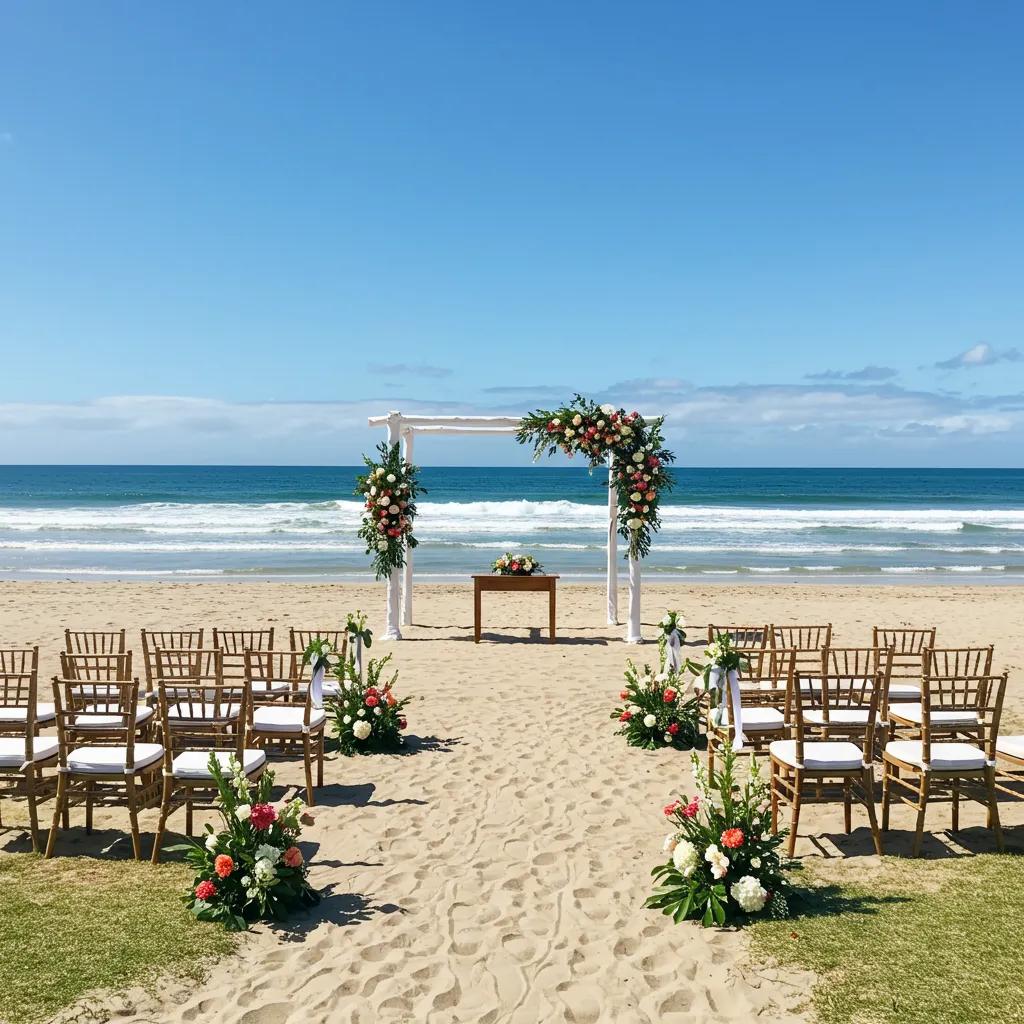 Beautiful beachfront wedding setup in Gisborne with ocean backdrop and floral decorations