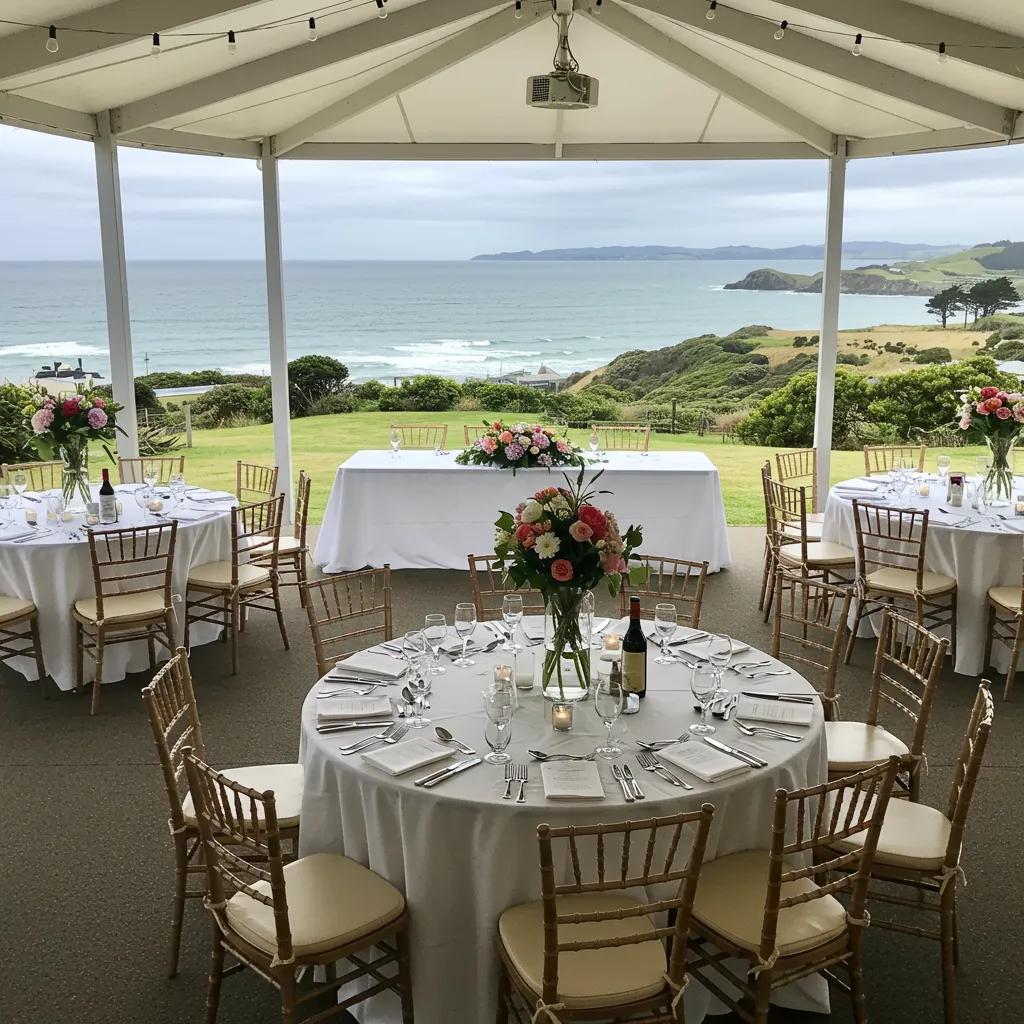 Elegant event space in Gisborne with ocean view, showcasing wedding setup