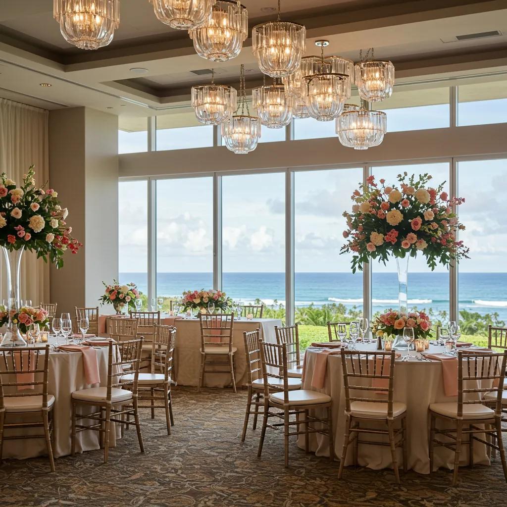 Romantic wedding reception setup at Mana Moana Lounge with oceanfront view