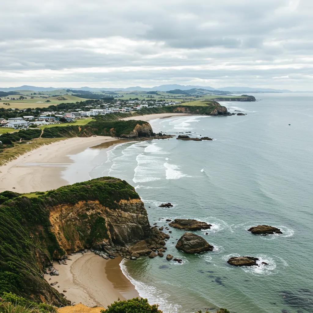A picturesque coastal landscape in Gisborne, with a couple enjoying a serene walk on the stunning beach