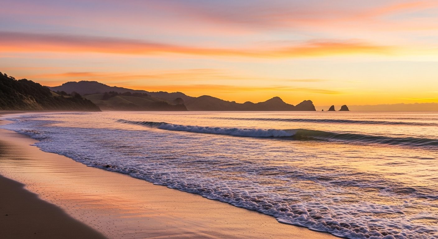 Gisborne coastline at sunrise with golden light over Poverty Bay and the Pacific Ocean