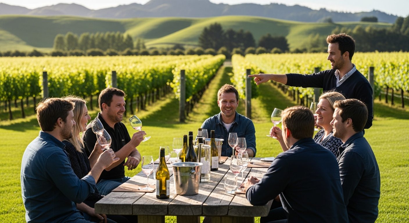 Wine tasting at a Gisborne cellar door surrounded by vineyard views
