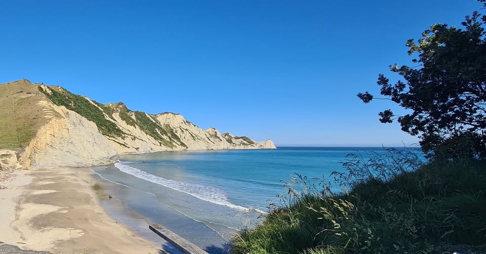 Sponge Bay sheltered beach with white cliffs and calm turquoise water near Gisborne