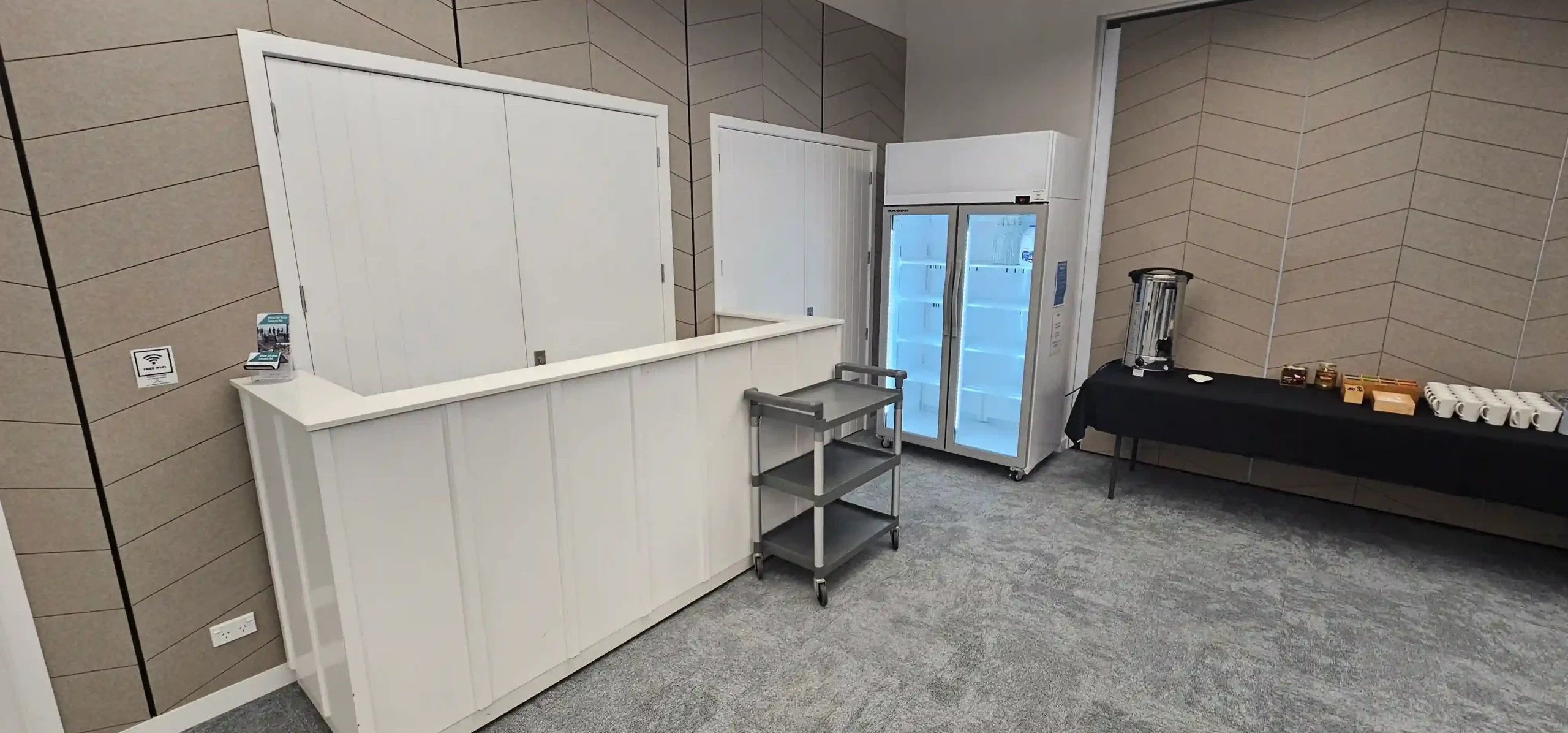 Servery bar area with glass fridge and tea coffee station for event catering at Midway Hub Gisborne