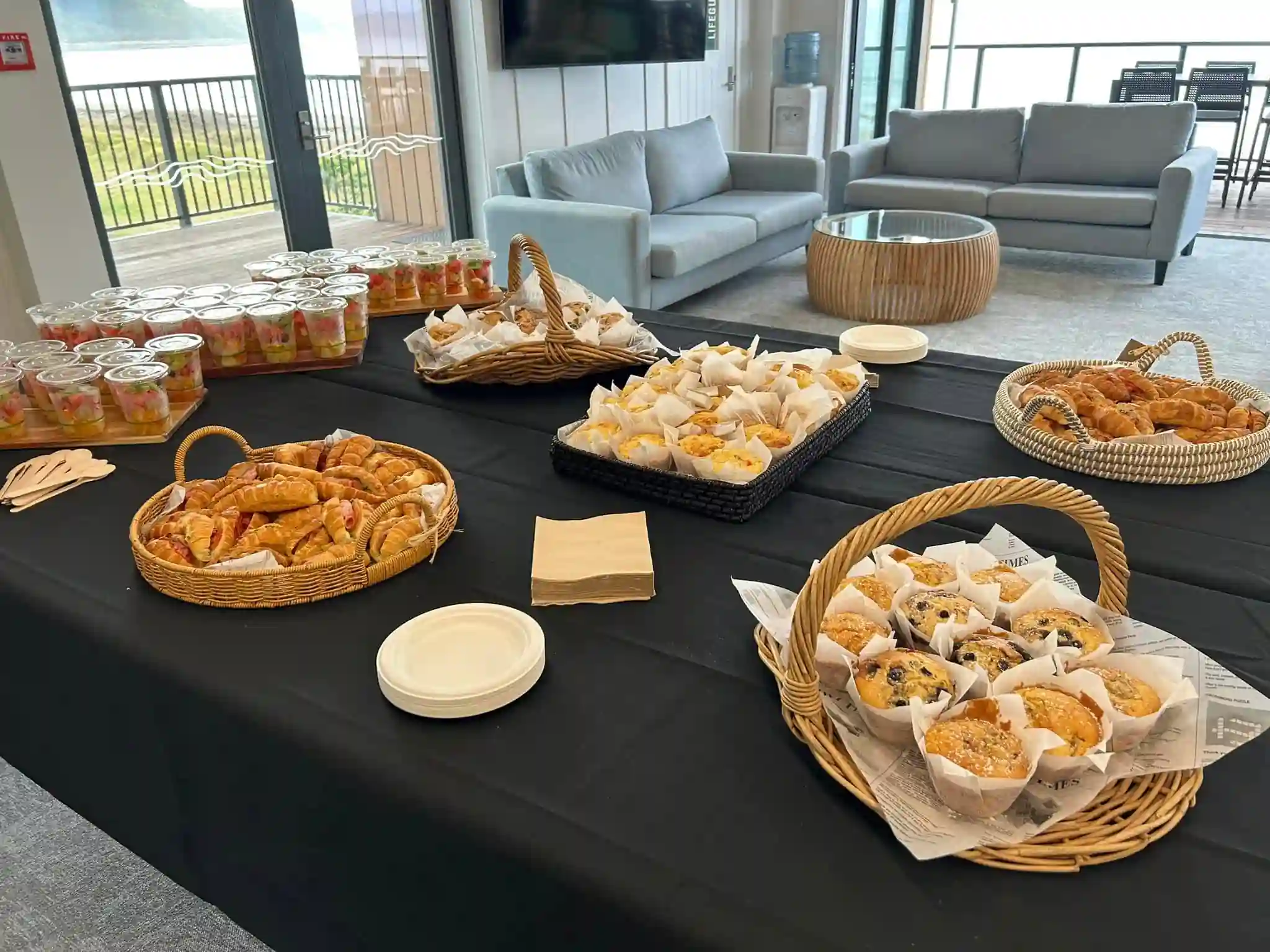 Morning tea catering with muffins and pastries for a low-cost work Christmas celebration